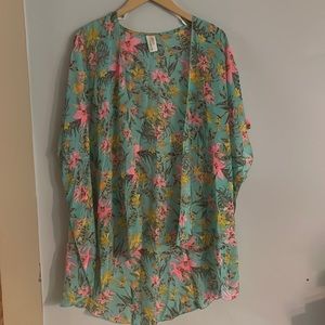 Interi Aqua Floral Kimono Top batwing semi Sheer